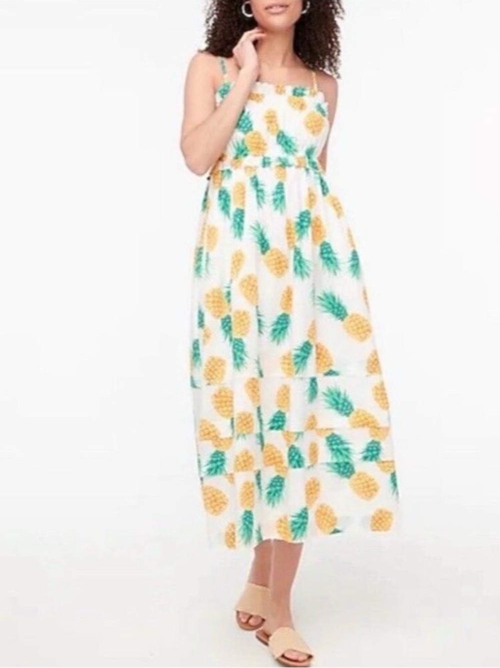 J.Crew Pineapple Print Cotton‎ Midi Dress White Yellow Green Size 12 Tropical